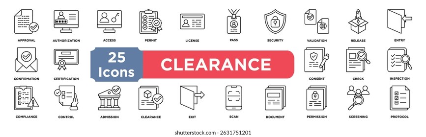 Conjunto de coleta de ícone de liberação. Contendo ícone de aprovação,autorização,acesso,permissão,licença,aprovação,segurança,validação,liberação,entrada. Vetor de linha simples.	