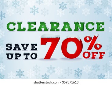 Clearance inscription design template in 3d style on blue background with snowflakes. Winter outlet, clearance, seasonal total sale concept. Snow cap text effect. EPS 10 vector illustration