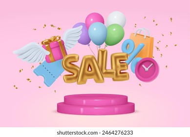 Clearance and reduction of price, promotion and discount. Vector realistic 3d promo, sale text inflated balloons, shopping bag and coupon or voucher with gift. Box with wings and time clock