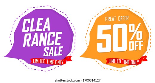 Clearance Sale, 50% off, speech bubble banners design template, discount tags, vector illustration