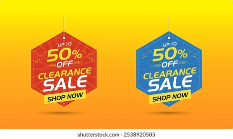 Clearance sale Up to 50 Percent off. Marketing, Promo, Announcement, Offer, Advertising Hanging Dangler Design Vector