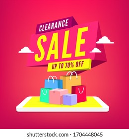 Clearance Sale 70 off percent with shopping bag on mobile phone. Sale and discounts concept.