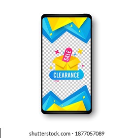Clearance sale banner. Phone mockup vector banner. Discount sticker box. Special offer icon. Social story post template. Clearance sale badge. Cell phone frame. Abstract modern background. Vector