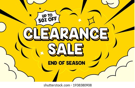 Clearance Sale Banner in Pop Art Comic Style for Digital Media Marketing Advertising. End of Season Hot Offer, Shopping or Discount Card Design, Boom Bang Cloud and Typography. Vector Illustration