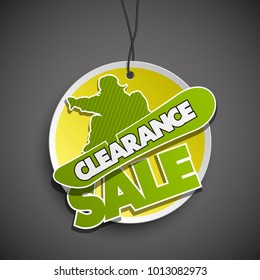 Clearance sale banner in pop-art style with silhouette snowboarder. Vector Illustration inventory sale winter sports background. Discount extreme entertainment snowboarder icon
