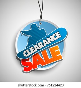 Clearance sale banner in pop-art style with silhouette snowboarder. Vector Illustration inventory sale winter sports background. Discount extreme entertainment snowboarder icon