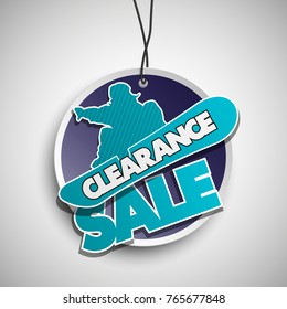 Clearance sale banner in pop-art style with silhouette snowboarder. Vector Illustration inventory sale winter sports background. Discount extreme entertainment snowboarder icon