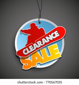 Clearance sale banner in pop-art style with silhouette snowboarder. Vector Illustration inventory sale winter sports background. Discount extreme entertainment snowboarder icon