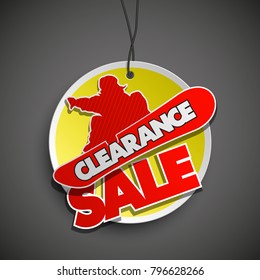 Clearance sale banner in pop-art style with silhouette snowboarder. Vector Illustration inventory sale winter sports background. Discount extreme entertainment snowboarder icon