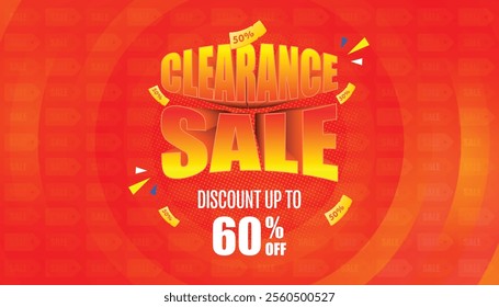 Clearance Sale banner with Promo Offer on dark background. Design poster with 60% off clearance sale offer design—vector banner template for sale promotion Banner.