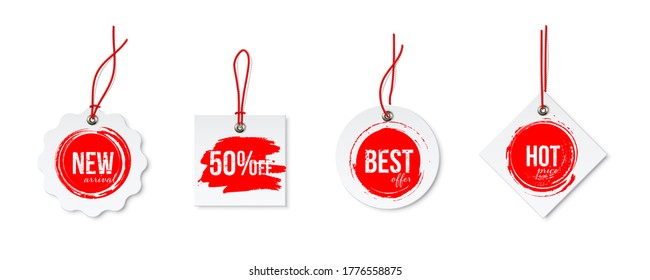 Clearance Sale Different Tags With Strings Set Isolated On White Background. Red Discount Voblers Bundle. Best Offer And Hot Price, 50 Percent Sell Off, New Arrival. Vector Realistic Badges Design