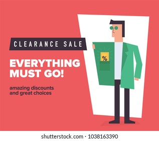 Clearance Sale and Discount Concept. Vector illustration of man with discount card in pocket. Everything Must Go Design Template