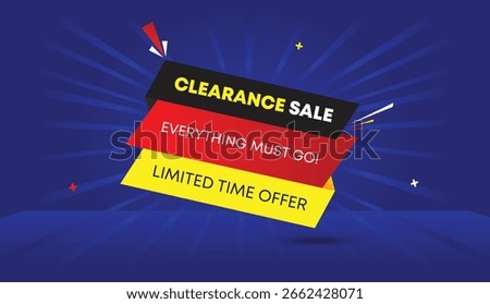 Clearance Sale Everything Must Go web banner vector art template design badge icon label black gray red gradient yellow shapes white bold text dark blue light sunshine abstract business background