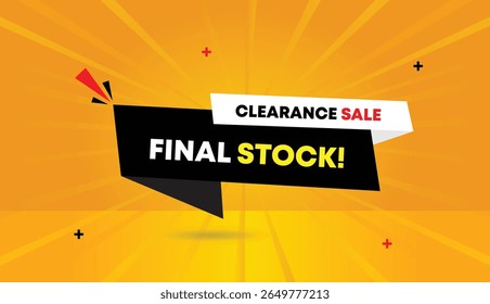 Clearance Sale Final Stock editable web banner vector art illustration icon badge template design black white shapes orange yellow sun shine abstract background for unique standout promotion