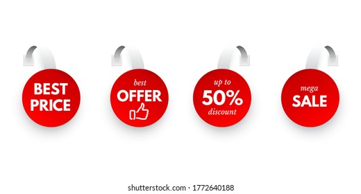 Clearance Sale Round Sticker Tag Set Isolated On White Background. Red Discount Labels Bundle. Best Offer And Price, Up To 50 Percent Sell Off, Mega Sell-out. Vector Realistic Badge Design