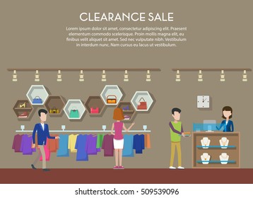 Clearance sale at shop or store, interior view. Cloth and shoes, jewelry or bijouterie on big retail or event. Mall banner, supermarket badge or logo, shopping or trading theme