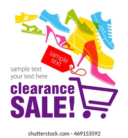 Clearance sale! Shopping cart and Shoes. Vector illustration.