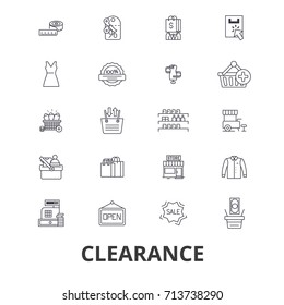 Clearance, sale, stock, custom, closeout, center, shopping, goods, retail shop line icons. Editable strokes. Flat design vector illustration symbol concept. Linear isolated signs