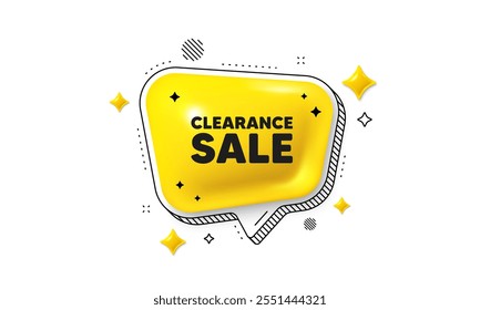 Clearance sale tag. Chat speech bubble 3d icon. Special offer price sign. Advertising discounts symbol. Clearance sale chat message. Speech bubble banner with stripes. Yellow text balloon. Vector