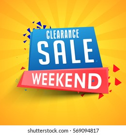 Clearance Weekend Sale Paper Tag or Banner on rays background, Can be used as Poster, Flyer or Pamphlet Design.