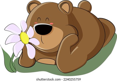 in the clearing, the bear cub decided to smell the flowers and relax