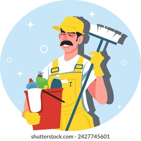 Clearing company employee in uniform with cleaning tools, cleaning service concept. Stock vector illustration
