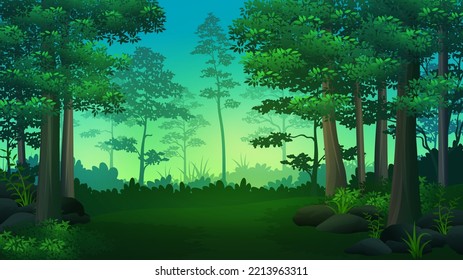 Clearing of dark tropical forest Illustrations with trees and lush grass , nature background