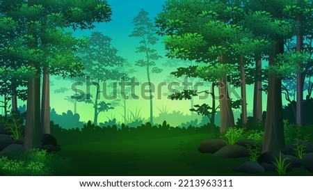 Clearing of dark tropical forest Illustrations with trees and lush grass , nature background