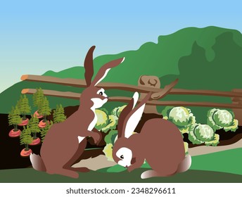 clearing in the forest bushes deciduous spring summer lawn rabbits on a bed of cabbage carrots couple in love hedge wooden farming agriculture village nutrition of mammalian herbivores