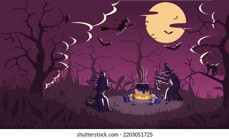 A Clearing in the Forest with Dead Trees and Plants, Witches Cook a Magic Potion in a Cauldron and Fly on a Broom. Halloween