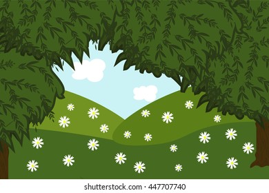 Clearing in the forest, vector illustration. Forest. Trees, a field of flowers. Landscape