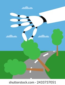 Clearing an obstacle from the way with ai robot. Flat vector illustration.