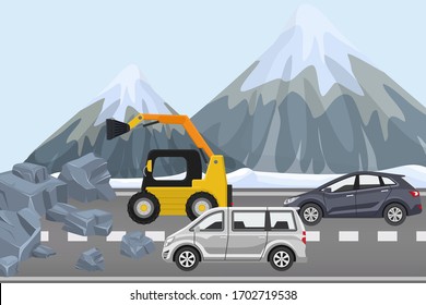 Clearing rubble on highway, construction equipment remove rock from road, flat vector illustration. Couple cars alpine winter traffic jam, technique mountain road work, route surface care.