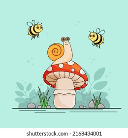 En el claro hay una linda mosca de hongos, agaric, caracol y abejas. Caracteres para ilustración infantil, ilustración vectorial
