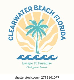 Clearwater Beach Florida Circular Badge Palm Tree Typography T-Shirt Design