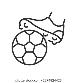 Cleats and a soccer ball, linear icon. Line with editable stroke