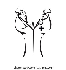 cleavage of a nurse. chest. layout. black and white illustration.
 art. icon. cross. bust female breasts. body