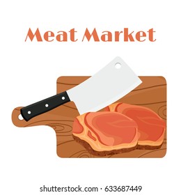 Cleaver, butcher's knife with steak, meat and cutting board. Made in cartoon flat style.