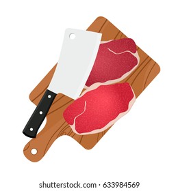 Cleaver, butcher's knife with steak, meat and cutting board. Made in cartoon flat style.