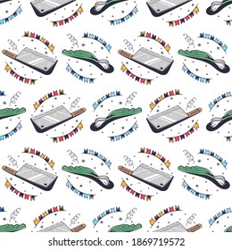 Cleaver and green onions. Seamless pattern on a white background. Cute vector illustration.