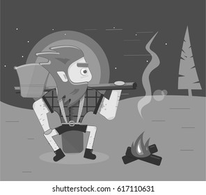 Cleaver illustration on dark background. Cartoon character is a brutal man with an axe, sitting on a stump near the fire.