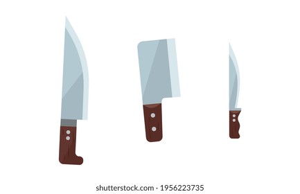 Cleaver or Kitchen Knives as Tool with Blade and Wooden Handle Vector Set