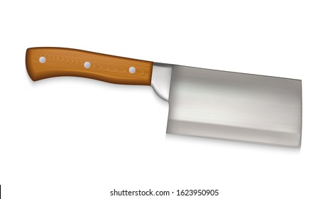 Cleaver Large Cook Knife With Walnut Handle Vector. Restaurant Chef Cleaver For Cutting And Cooking Meat Or Fish. Stylish Butcher Kitchen Utensil Concept Layout Realistic 3d Illustration