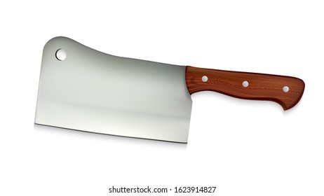 Cleaver Large Cook Knife With Wooden Handle Vector. Chef Cleaver Rectangular-bladed Hatchet Used To Cut Pork Chops From Loin. Kitchen Ware Concept Template Realistic 3d Illustration