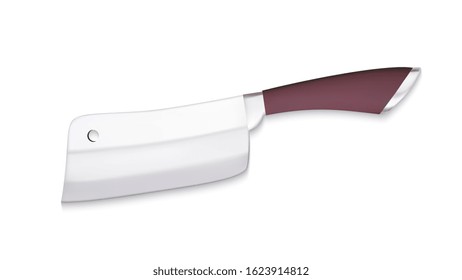 Cleaver Large Meat Knife Modern Design Vector. Chef Cleaver With Sharp Steel Hatchet For Cutting Through Thin Or Soft Bones And Sinew. Ax Kitchen Equipment Concept Template Realistic 3d Illustration