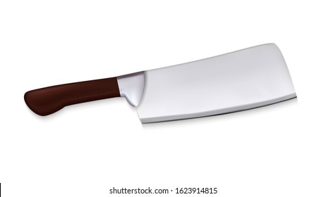 Cleaver Large Meat Knife With Wooden Handle Vector. Chef Cleaver With Sharp Steel Hatchet For Hacking Through Bone. Stainless Ax Kitchen Equipment Concept Template Realistic 3d Illustration