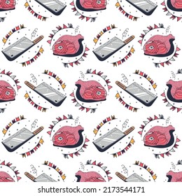 Cleaver and Meat. Seamless pattern on a white background. Cute vector illustration.