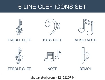 clef icons. Set of 6 line clef icons included treble clef, bass, music note, note, bemol on . Editable clef icons for web, mobile and infographics.