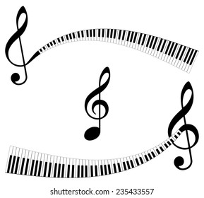 Clef with keyboard as ending. Set of abstract musical symbols. Isolated music abstract elements. 