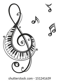 Clef With Piano Keys And Many Music Notes.